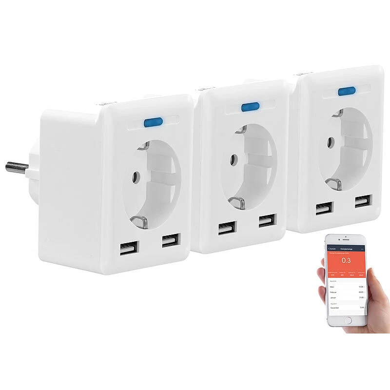 LUMINEA HOME CONTROL 3er-Set WLAN-Steckdosen, USB, App, für Alexa, Google Assistant & Siri