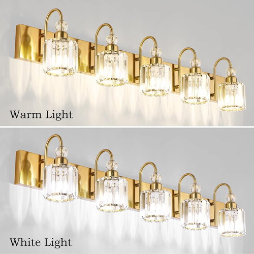 Crystal Bathroom Vanity Lights 5-Lights Brass Gold Crystal Bathroom Vanity Light - Picture 4 of 7