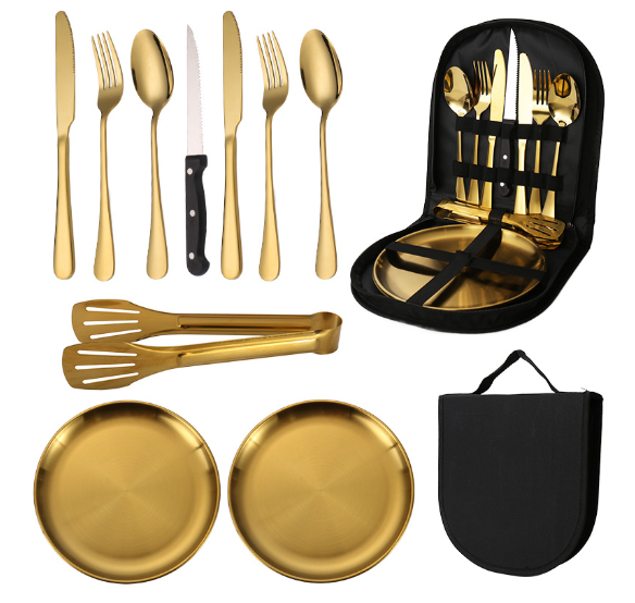Stainless steel cutlery set, portable travel,camping cutlery Golden 10 piece set