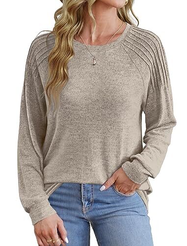 Sweatshirt for Women Crewneck Pleated Long Sleeve Shirts X-Large Classic Khaki - Picture 2 of 5