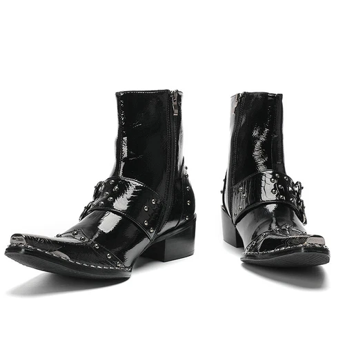 Men' S Black Leather Western Boots Motorcycle Boot Punk Rock Riveting Metal Toe - Bild 6 von 9