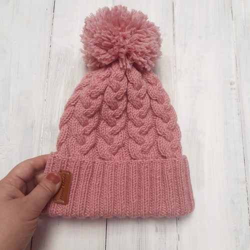 Autumn Winter Woman Dusty Rose Hat Hand Knit With Pom Pom - Picture 5 of 11