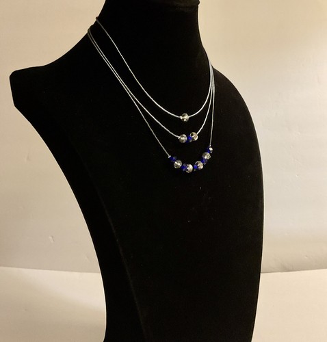 Sapphire Blue And Silver Color Triple Chain Crystal Beaded Necklace - Picture 8 of 10