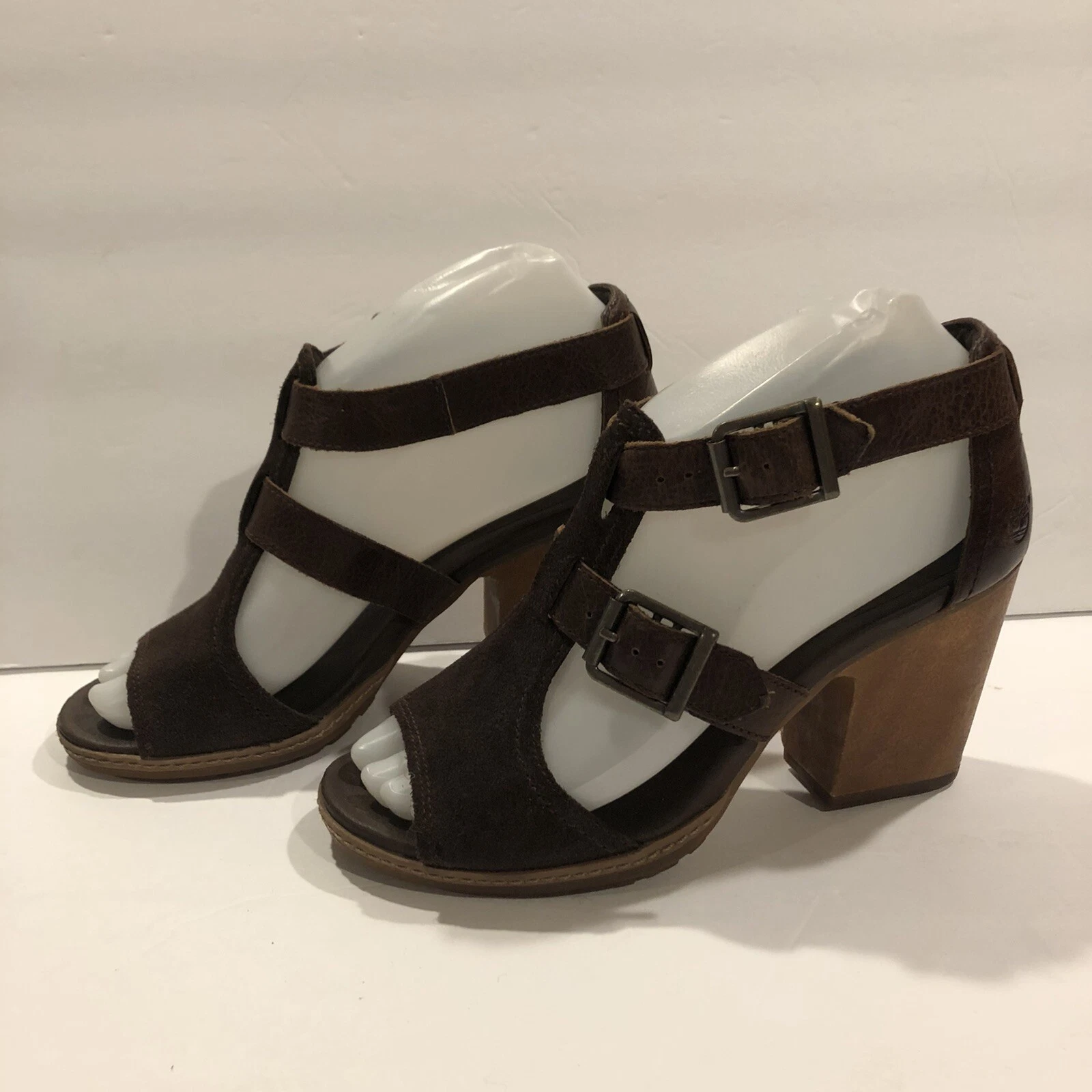 Timberland Sandali Decolte Blocco Tacchi Legno Punta Aperta Pelle Scamosciata Marrone 6