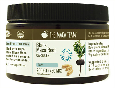 Raw Organic Black Maca Capsules - Fresh Harvest from Peru - 750 Mg, 200 Ct