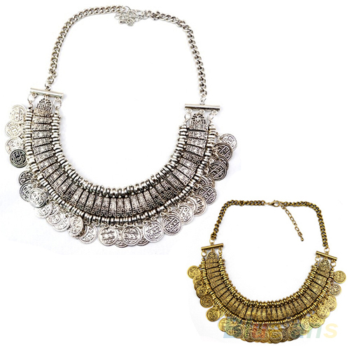 Women Chic Grail Silver Coins Pendant Statement Bib Ornate Charm Choker Necklace