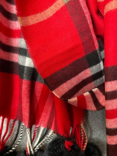 Fraas Scarf Womens Shawl Red Plaid Black Pom Poms Neck Wrap Winter - Picture 4 of 9