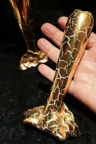 Vtg 22k Gold Crackled Finish Porcelain Bud Vases Candlestick holders, 6" high - Picture 4 of 9