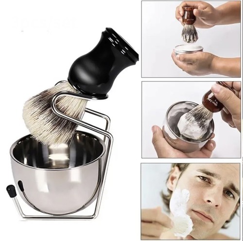 4PC Men Badger Hair Shaving Brush Stainless Steel Mug Bowl Stand Holder Set Kit - Picture 2 of 16