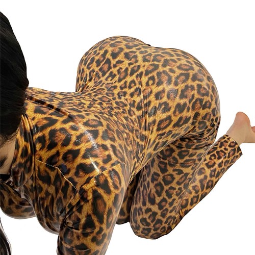 Women Zipper Open Crotch Catsuit Jumpsuits Sexy Slim Leopard Leather Bodysuits - Foto 8 di 16