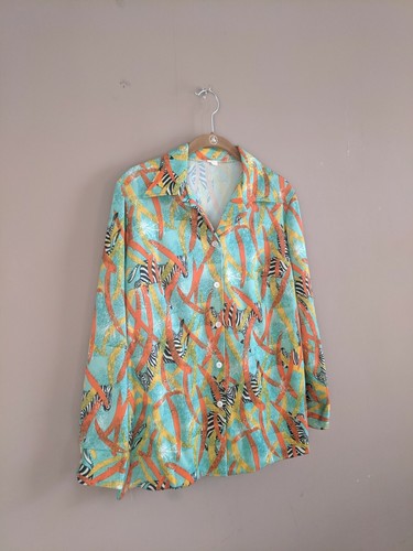 Top de poliéster con botones estampado de cebra M/L vintage años 70 para mujer manga larga novedad - Imagen 4 de 7