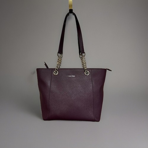Calvin Klein Leather Purple Bucket Handbag Purse With Silver Chains Very Nice