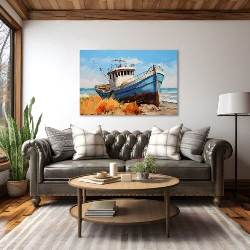 Küste Ozean Wandbild Gemälde Druck, altes Fischerboot, maritime Deko, gerahmt - Bild 7 von 9