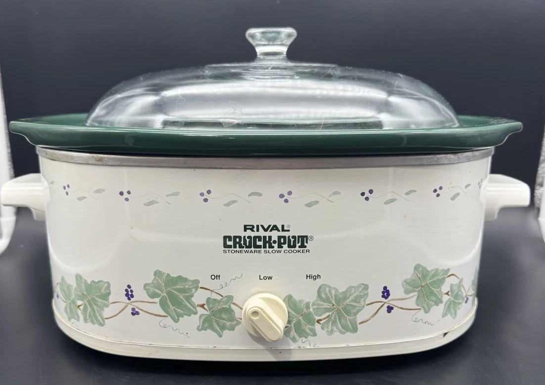Vintage Rival Crock-Pot Ivy Pattern Stoneware Slow Cooker Glass Lid Tested Works