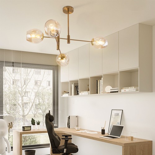 Modern 4-Light Gold Semi-Flush Mount Chandelier with Glass Globe Shades - Picture 1 of 23