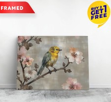 Small Bird On Branch With Flowers Canvas 16x12" Framed Retro Wall Art