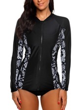 Ladies Zipper Rash Guard Women Long Sleeve Uv Swim Shirt Side Print Black S