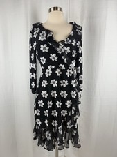 Tommy Hilfiger Women's Ruffle Dress Size 6 Black Floral Faux Wrap Midi Belt Lace