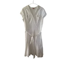 Esprit Y2K White Flax Linen Cotton Midi Dress Size 12 A-Line V Neck Crossover