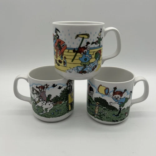 Vintage Rorstrand Sweden Pippi Longstocking Set Of 3 Mugs