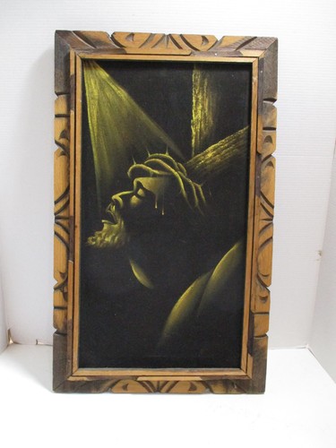 Vintage Black Velvet Painting Jesus Christ 23" x 14" Mexico MCM Religious Art - Picture 1 of 6