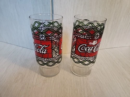 Vintage 1970's Coca-Cola Glasses Tiffany Style Tumbler Drinking Set Of 2