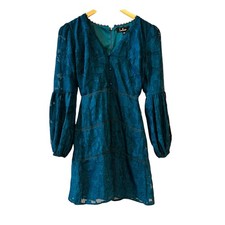 Lulus Sapphire Avery Teal Blue Floral Lace Long Sleeve Dress Size XS