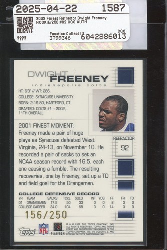 2002 Topps Finest Refractor #92 Dwight Freeney RC Rookie /250 HOF Colts - Picture 2 of 2