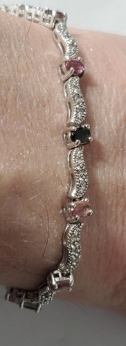 Vtg Sterling Silver Pink Tourmaline & Peridot w CZs Tennis Bracelet Lot 7.75" - Bild 2 von 6