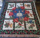 Vtg Christmas Tapestry Throw Blanket 54 X 45 Poinsettias Bird Houses Brass Horns