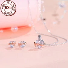 Bowknot CZ Lover Heart Earrings Necklace 925 Sterling Silver Bridal Jewelry Set