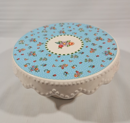 Vtg Mary Engelbreit Cake Stand 10" White Blue Floral Polka Dot Ceramic - Picture 3 of 18