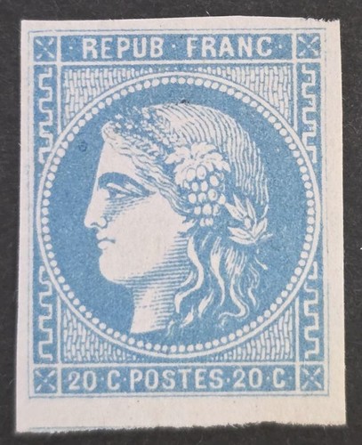 FRANKREICH 1871 postfrisch NH Imperf 20 C hellblau Typ III Bericht 2 Yvert #46B CV 1950€ - Bild 1 von 2