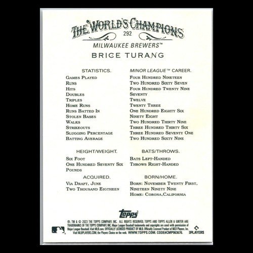 2023 Topps Allen Ginter - #292 Brice Turang RC - Milwaukee Brewers - Picture 2 of 2