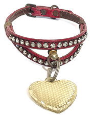 Vintage 1980  s 90's Glass Rhinestone, Red Leather Pet Collar 14  