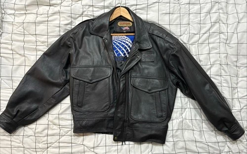 VTG Continental Airlines Perrone Aviation Black Leather Jacket Size Large A2&G1