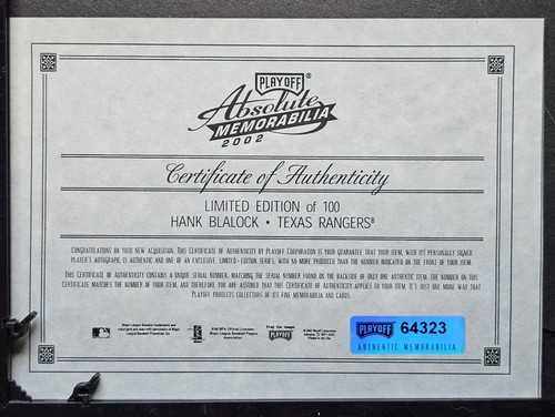 Hank Blalock /100 Autoraph Playoff Absolute Signing Bonus 2002 AUTO With COA - Picture 3 of 11