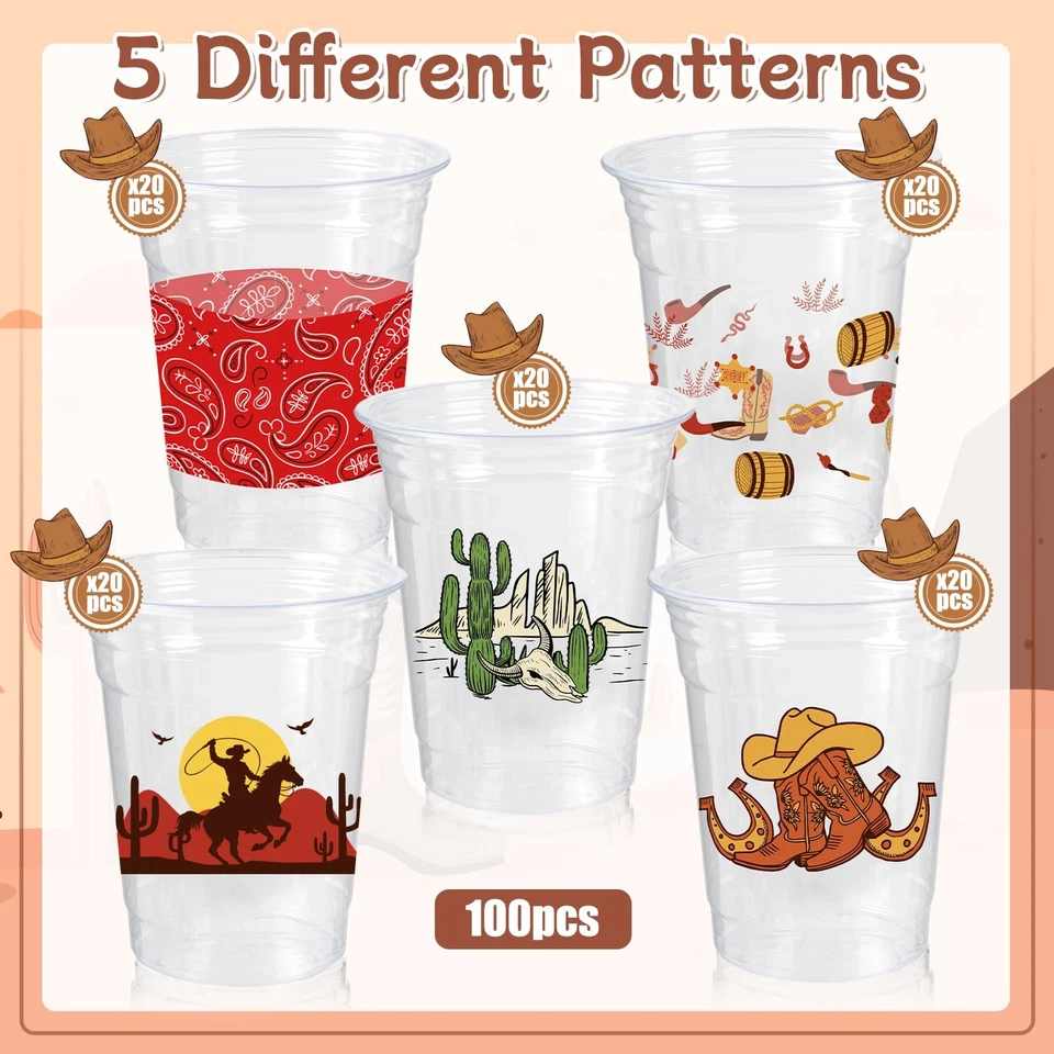 100 piezas tazas de plástico Western Cowboy, 12 OZ desechables temáticas de vaquero... Foto 4 de 4