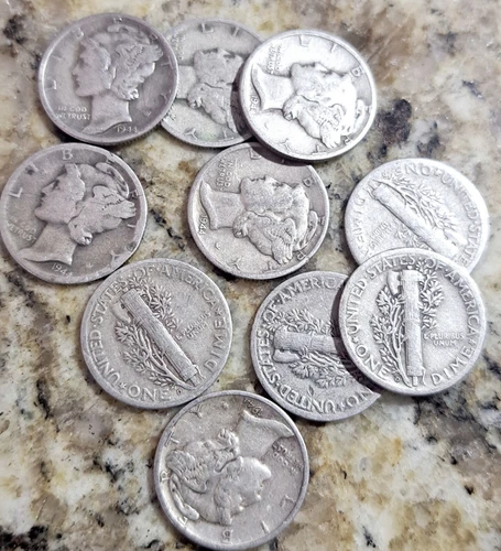 HIGH GRADE 1944-D Mercury Silver Dimes - Lot of 10 each G-VG Condition