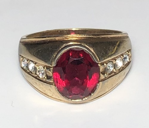 Vintage Men's Ring 18K GE Ring Sm White Rhinestones 1 Red Stone Size 12 - Picture 10 of 16