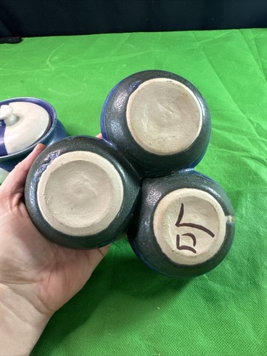 Handmade Pottery Dish Set – Lidded Jar and Triple Bowl in Blue Glaze - Picture 3 of 12