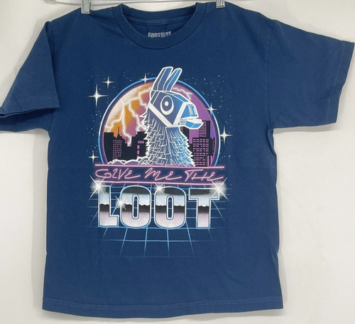 Fortnite Unisex Kids Blue Give Me The Loot  Round Neck T Shirt XS FREE SHIPPING - Picture 1 of 4