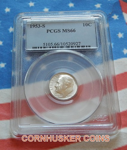 1953-S ROOSEVELT SILVER DIME ~ PCGS MS66 BRIGHT WHITE GEM ~ FREE SHIPPING