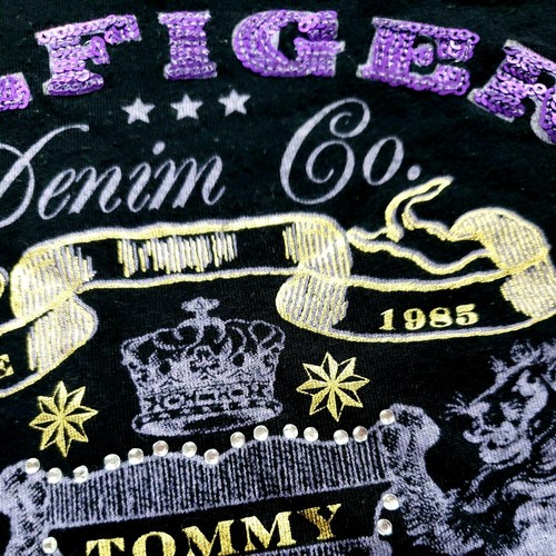 Tommy Hilfiger Denim Co T-Shirt Women's Emblem Black Purple Sequins Gold Print M - Picture 3 of 8