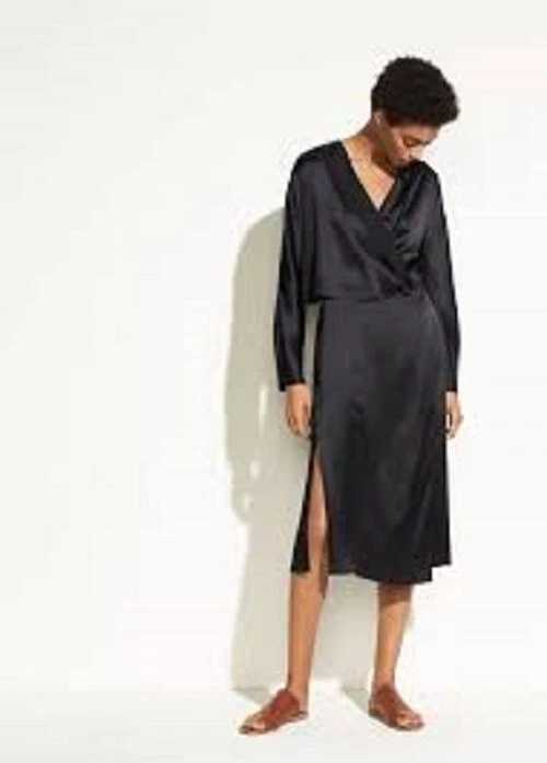 Vestido VINCE Negro Drapeado Panel Seda Satinado Sin Mangas Largas Imperio L = 12/14 Foto 2 de 4