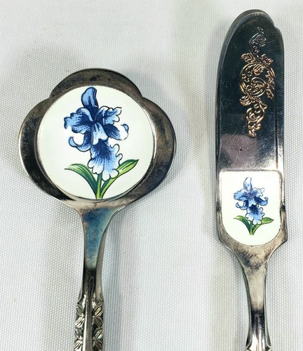 Vintage TRUE CLOISONNE Stainless Steel Floral Teaspoon & Butter Knife Set In Box - Picture 7 of 9