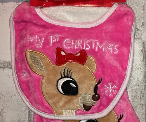 RUDOLPH REINDEER CLARICE MY FIRST CHRISTMAS STOCKING HAT BIB SET PINK NEW SOFT - Picture 3 of 5