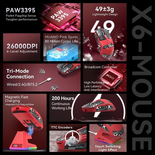 Sensor para juegos ATTACK SHARK X6 49g PixArt PAW3395, BT/2.4G inalámbrico/con cable - Imagen 51 de 57