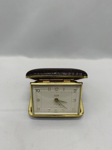 Vintage Elgin Travel Alarm Clock Luminous Dial Leather Case MCM Germany READ