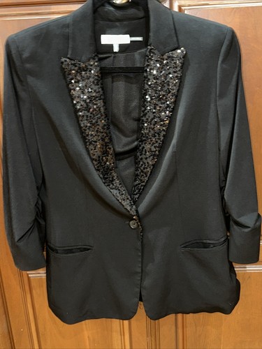Calvin Klein Women's 3 Quarter Sleeves One Button Sequin Lapel Blazer Black S - Picture 2 of 10